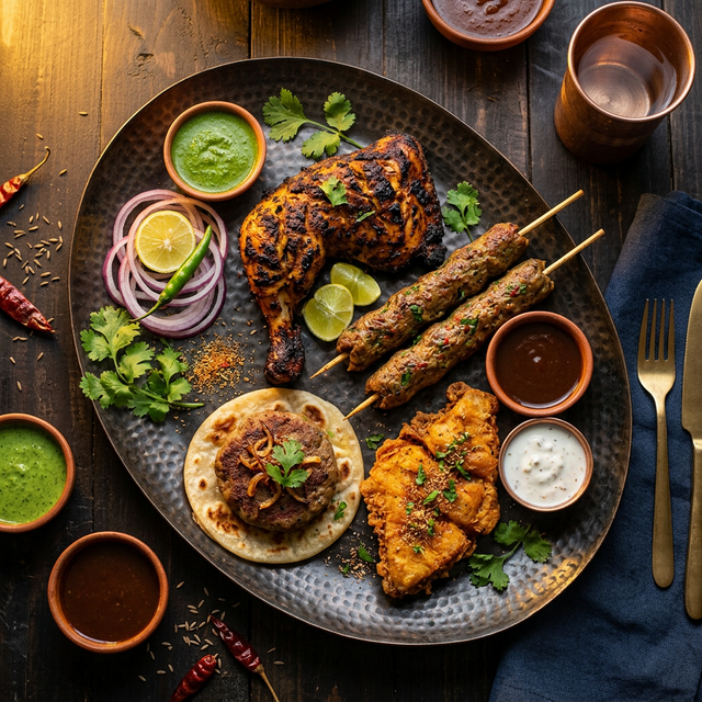 Non-veg platter with tandoori chicken, seekh kebabs and chutneys