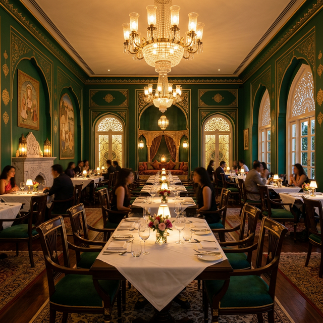 Royal dining hall with chandeliers and gold accents