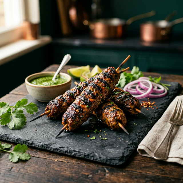 Charcoal-grilled seekh kebabs with mint chutney